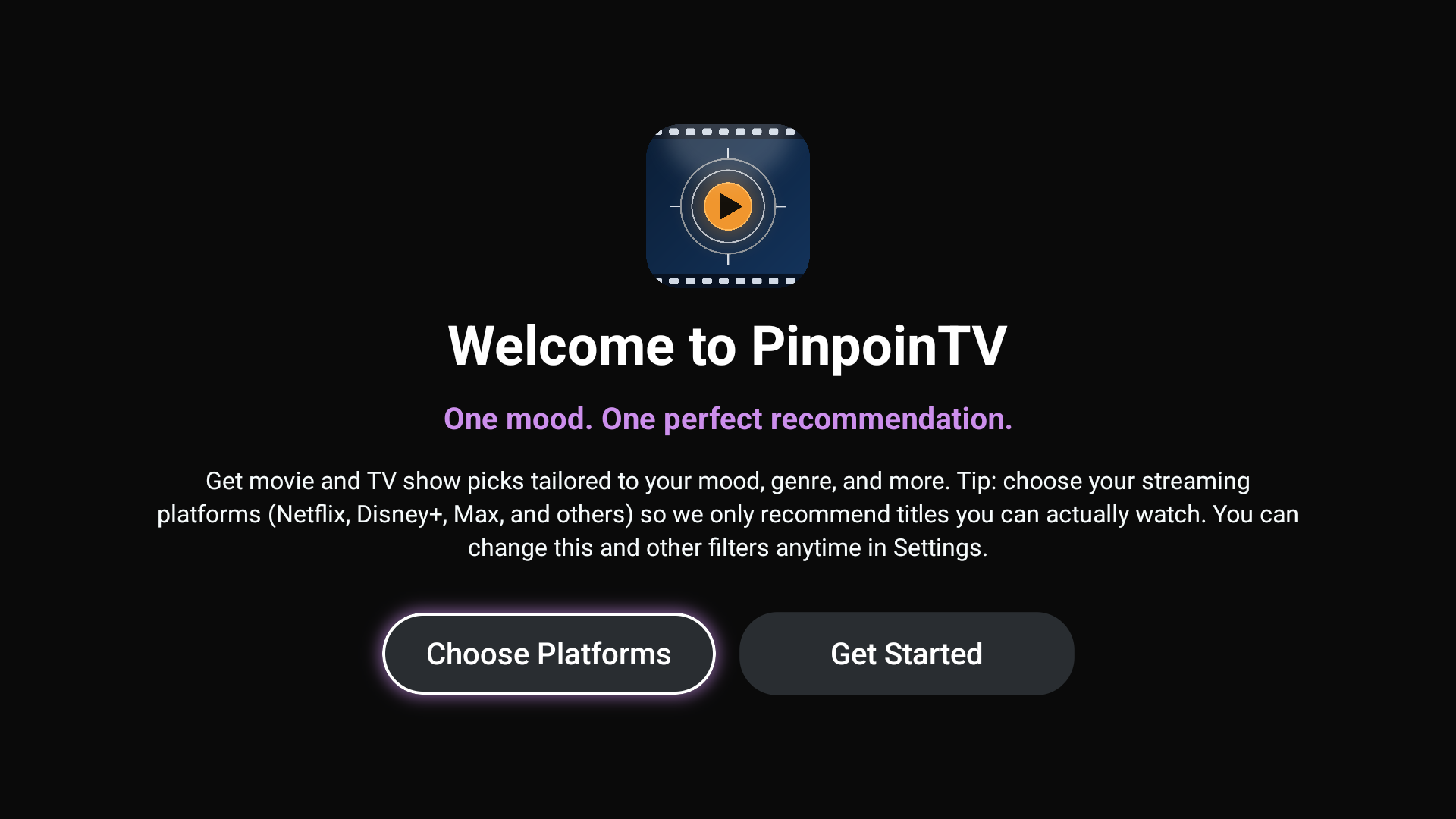 PinpoinTV welcome screen